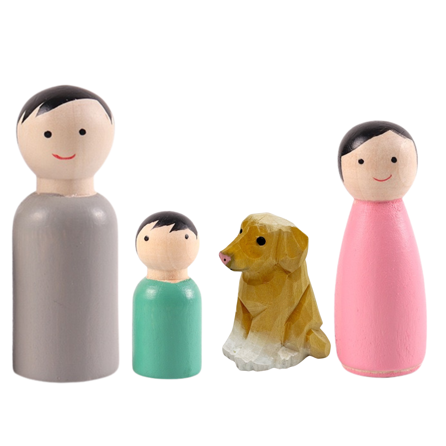 Wooden Peg Dolls Family with Dog