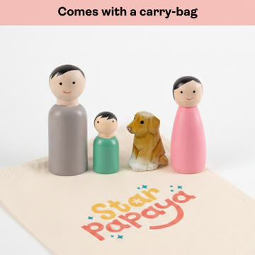 Wooden Peg Dolls Family with Dog